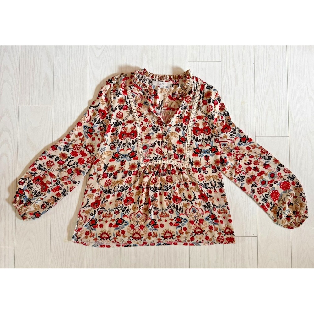 LOFT Women's Large Blouse Long Sleeve Boho Crochet Trim V-Neck Pullover Top